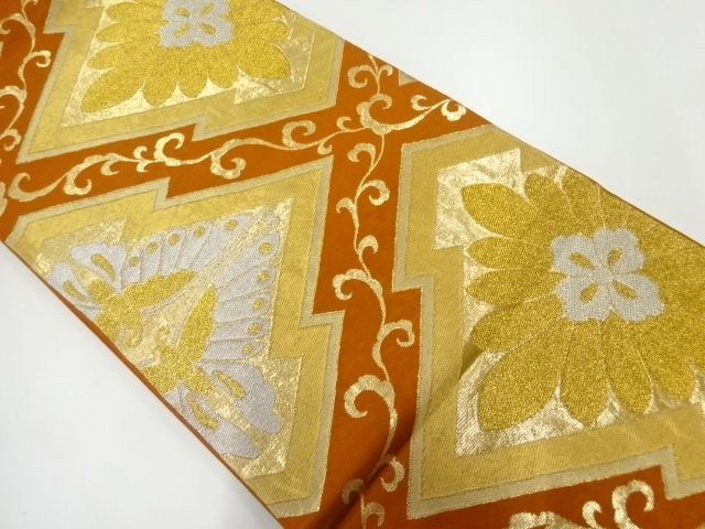 JAPANESE KIMONO / ANTIQUE FUKURO OBI / WOVEN FLORAL ARABESQUE & BUTTERFLY